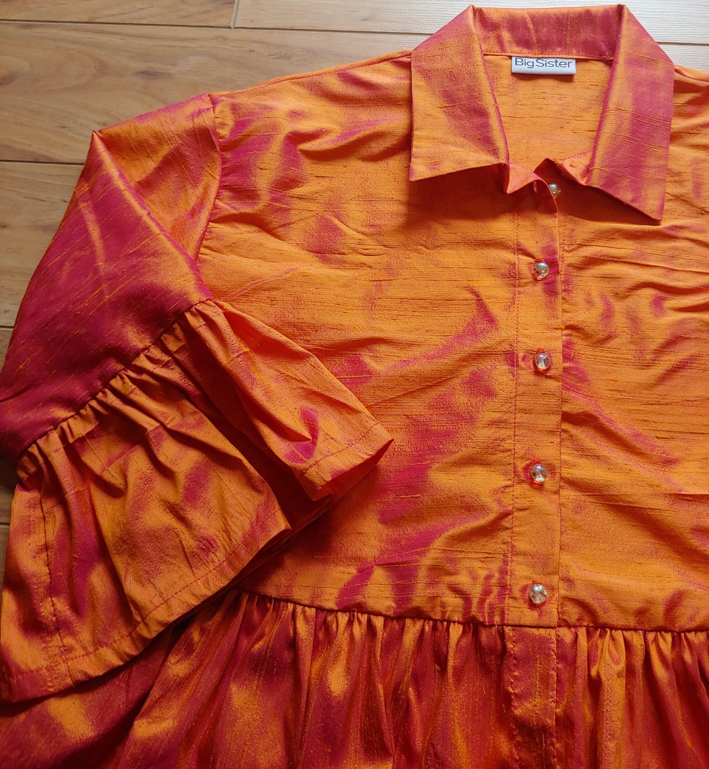Orange Silk Ruffle Button Down Top