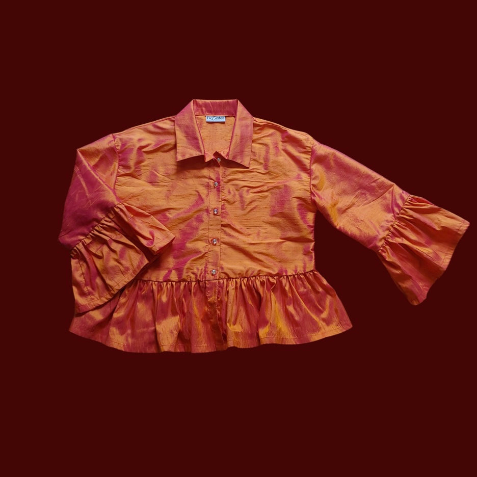 Orange Silk Ruffle Button Down Top