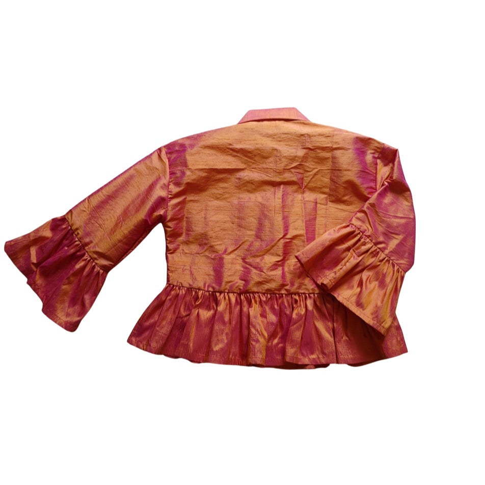 Orange Silk Ruffle Button Down Top