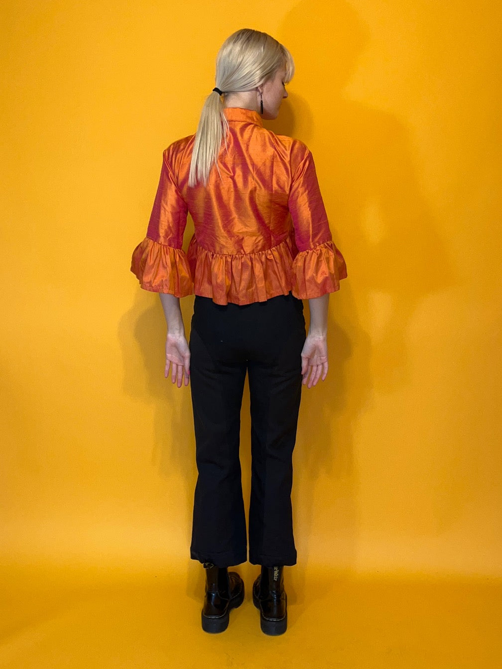 Orange Silk Ruffle Button Down Top