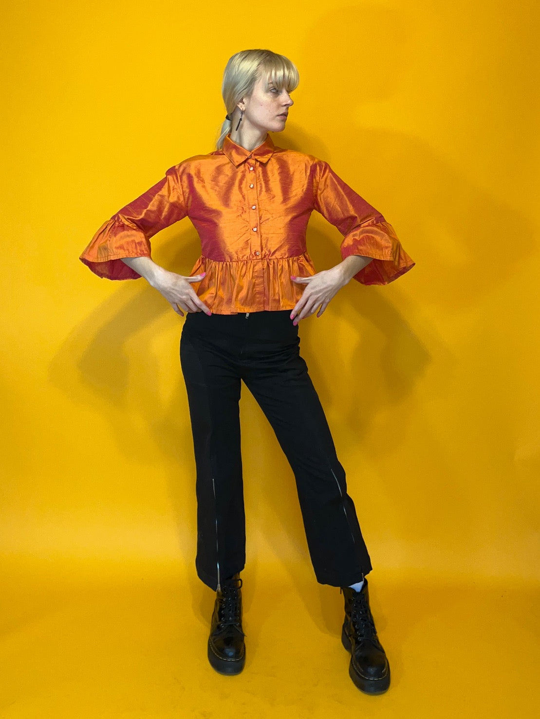 Orange Silk Ruffle Button Down Top
